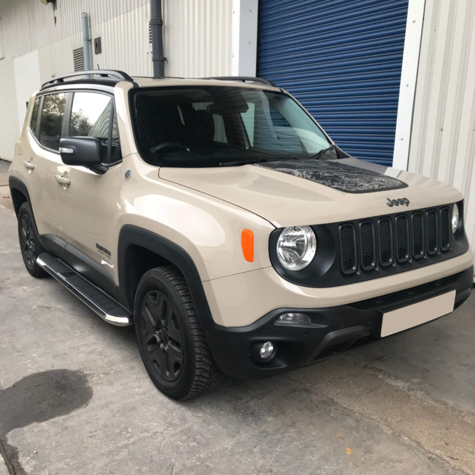 Direct4x4 accessories for Jeep Renegade vehicles with a photo of a Jeep Renegade outside our offices fitted with our high flyer side steps