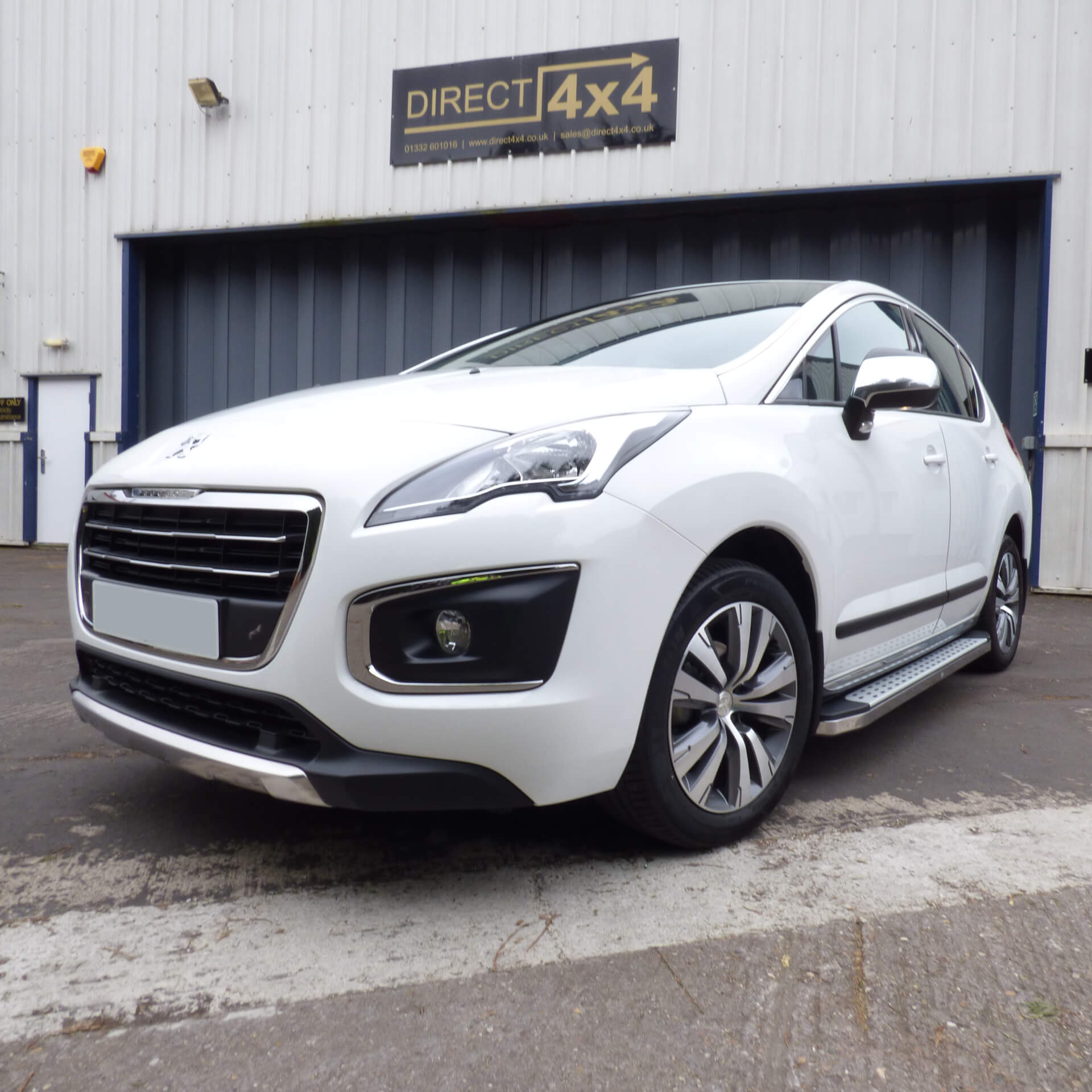 Direct4x4 accessories for Peugeot 3008 vehicles with a photo of a white Peugeot 3008 parked outside our depot fitted with Freedom style side steps