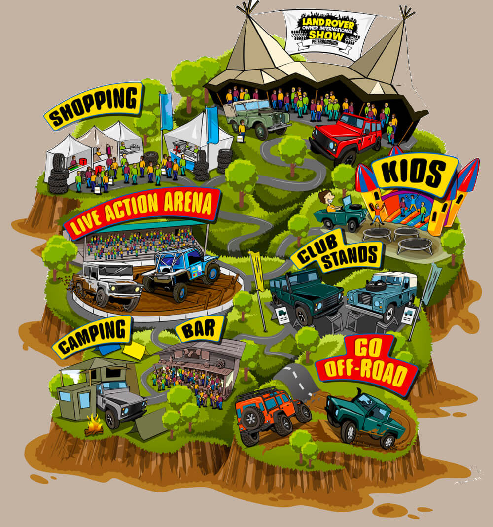 Cartoon map of the Land Rover Owners Show 2024.