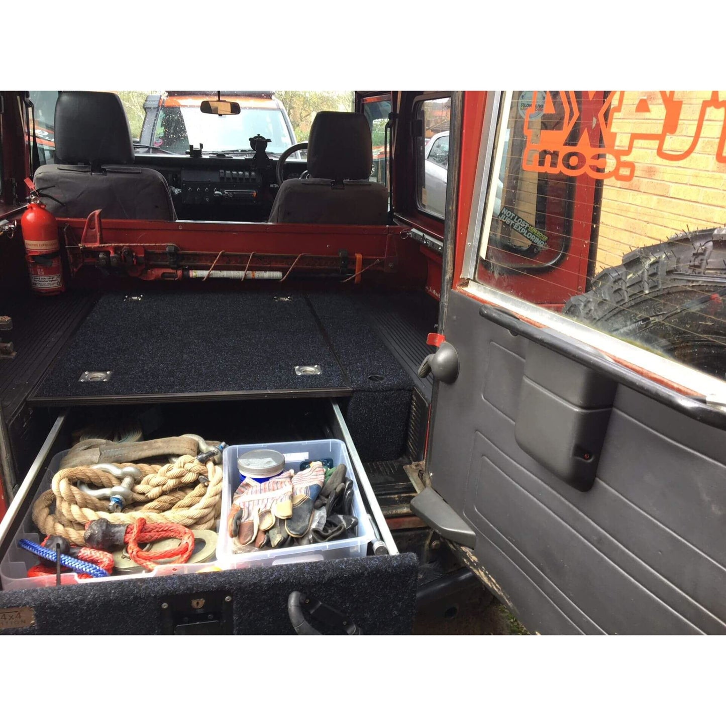 Direct4x4 Drawer Storage System Fixed Carpet Top Single Drawer + Side Wing Kit for Land Rover Defender 110 71-16