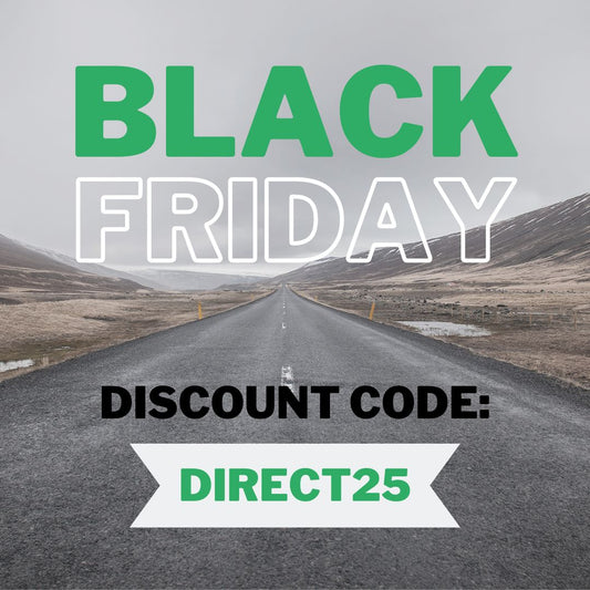 Direct4x4 black friday cyber monday bfcm image with logo overlay on a mountain country road