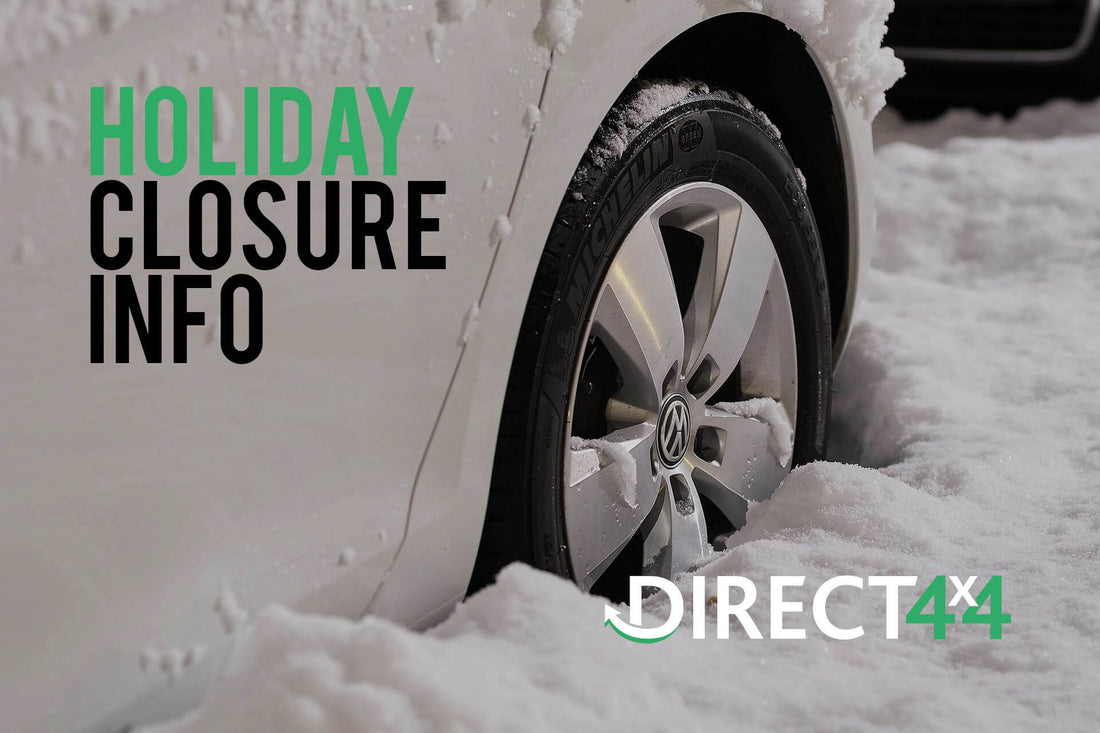 Direct4x4 holiday closure information car tyre in snow with logo