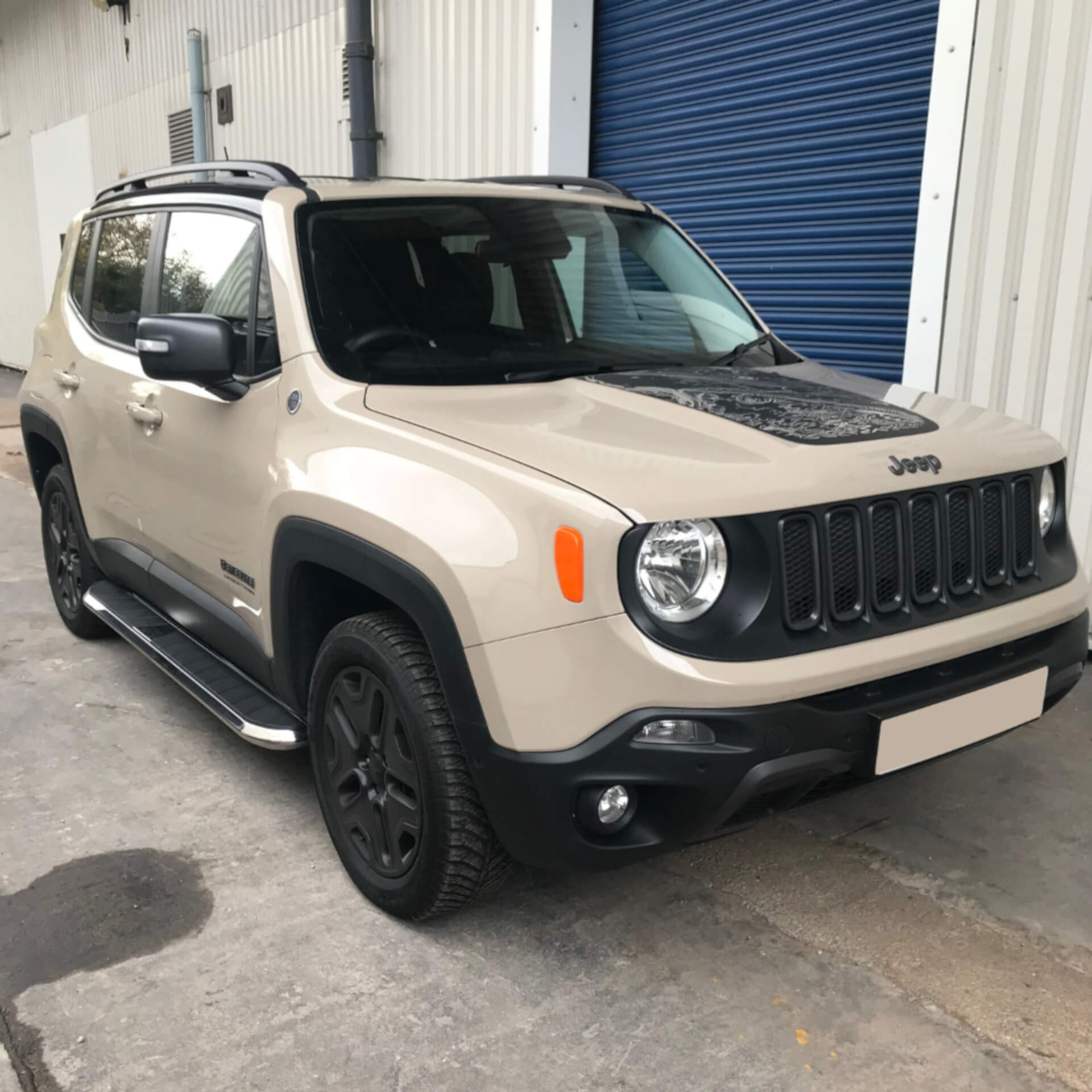 Direct4x4 accessories for Jeep Renegade vehicles with a photo of a Jeep Renegade outside our offices fitted with our high flyer side steps 