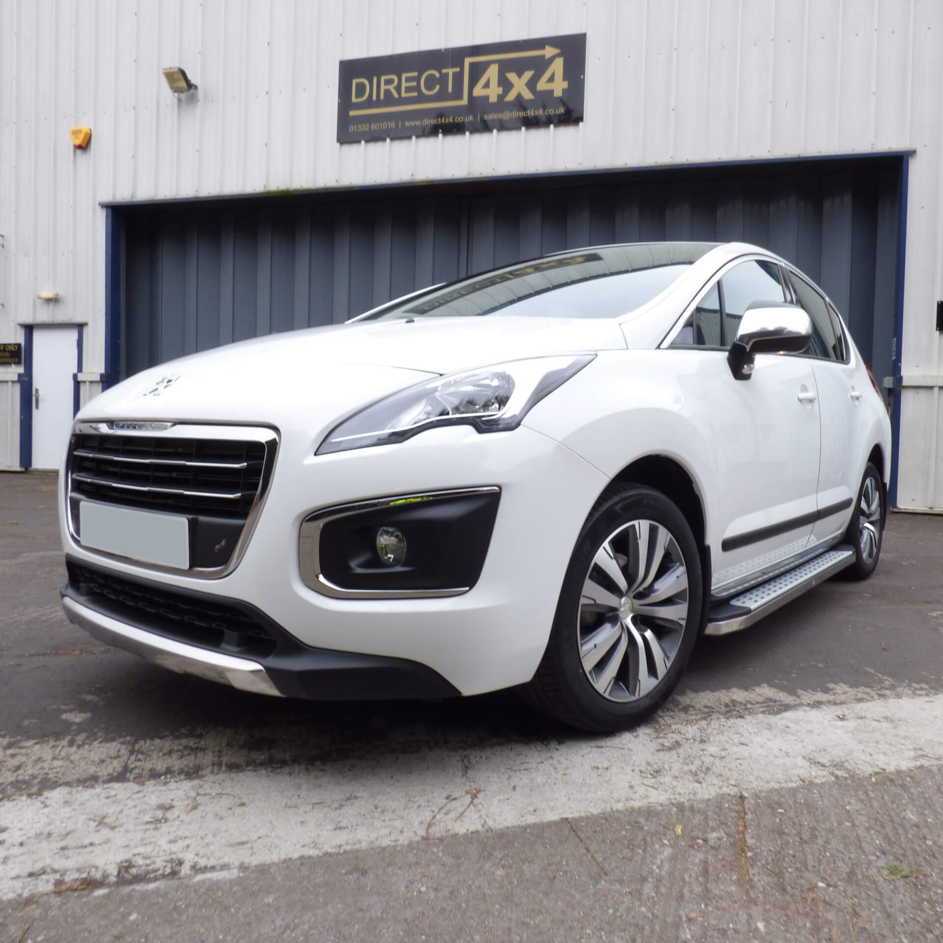 Direct4x4 accessories for Peugeot 3008 vehicles with a photo of a white Peugeot 3008 parked outside our depot fitted with Freedom style side steps 