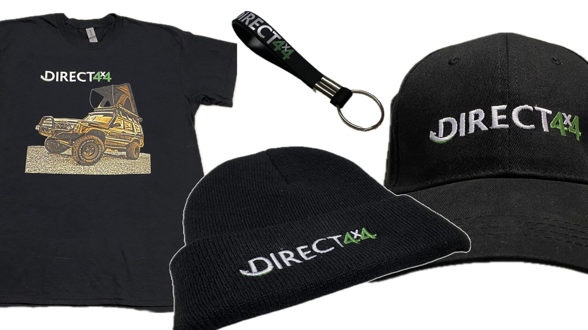 Photos of some Direct4x4 merchandise such as a black beanie hat, a keyring, a baseball cap and a t-shirt, all with the Direct4x4 logo printed on.