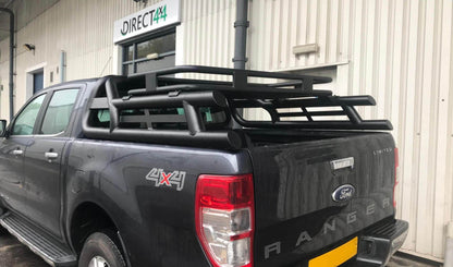 Black Long Arm Roll Sports Bar with Cargo Basket Rack for the Ford Ranger 2012+