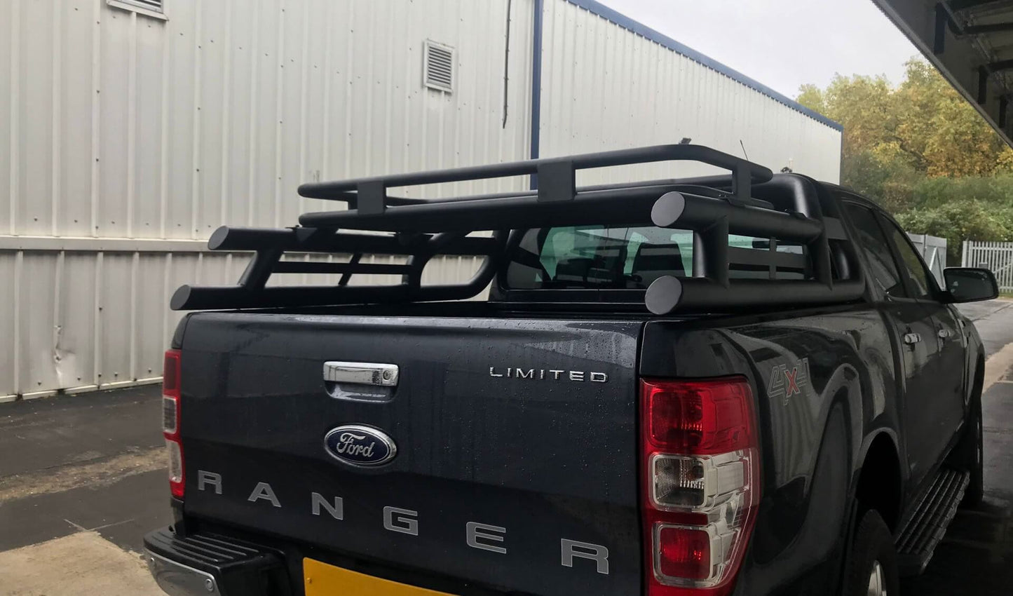 Black Long Arm Roll Sports Bar with Cargo Basket Rack for the Ford Ranger 98-05