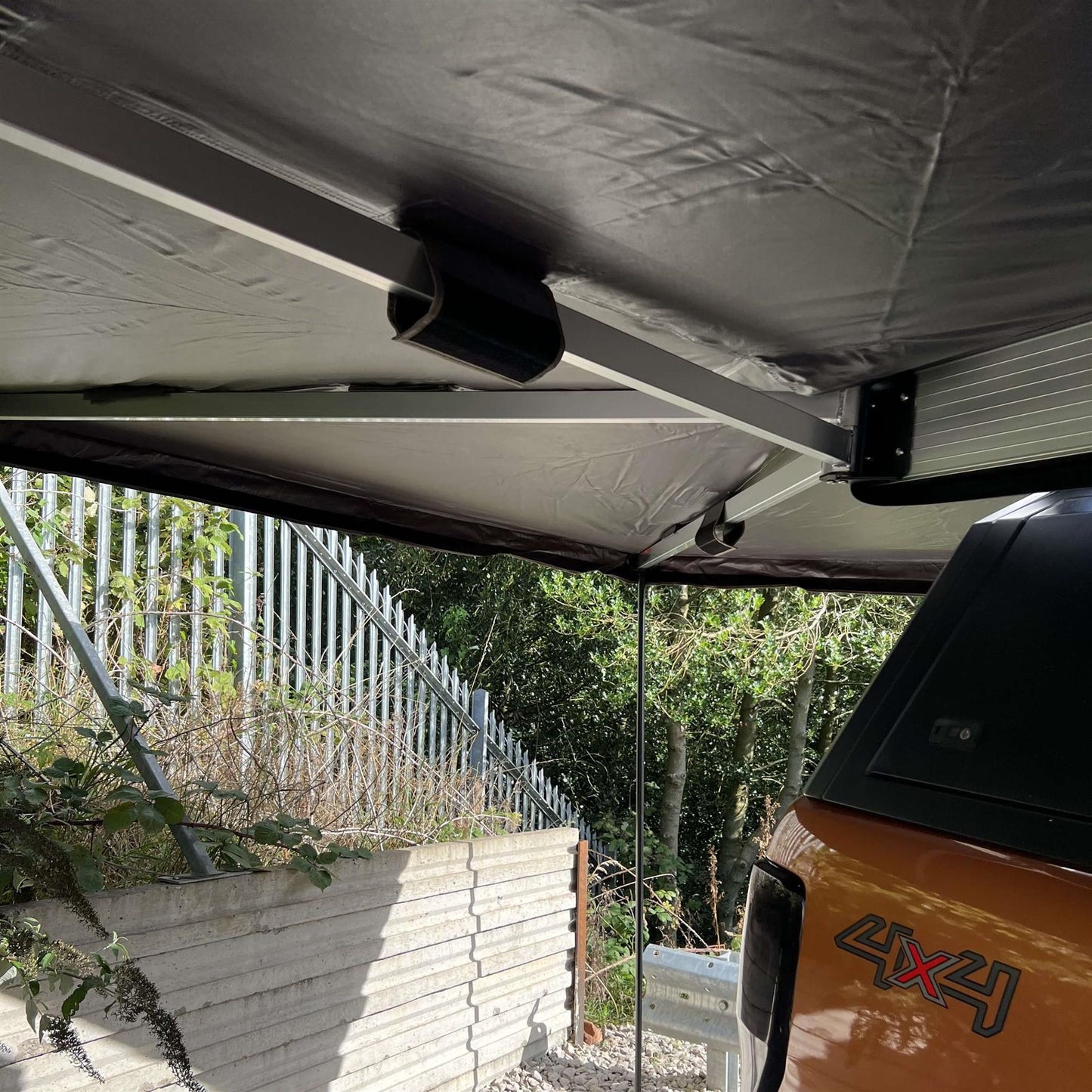 [CLEARANCE] 270-Degree RHS Granite Gray Hawkwing Fold-out Vehicle Side Awning + Side Walls
