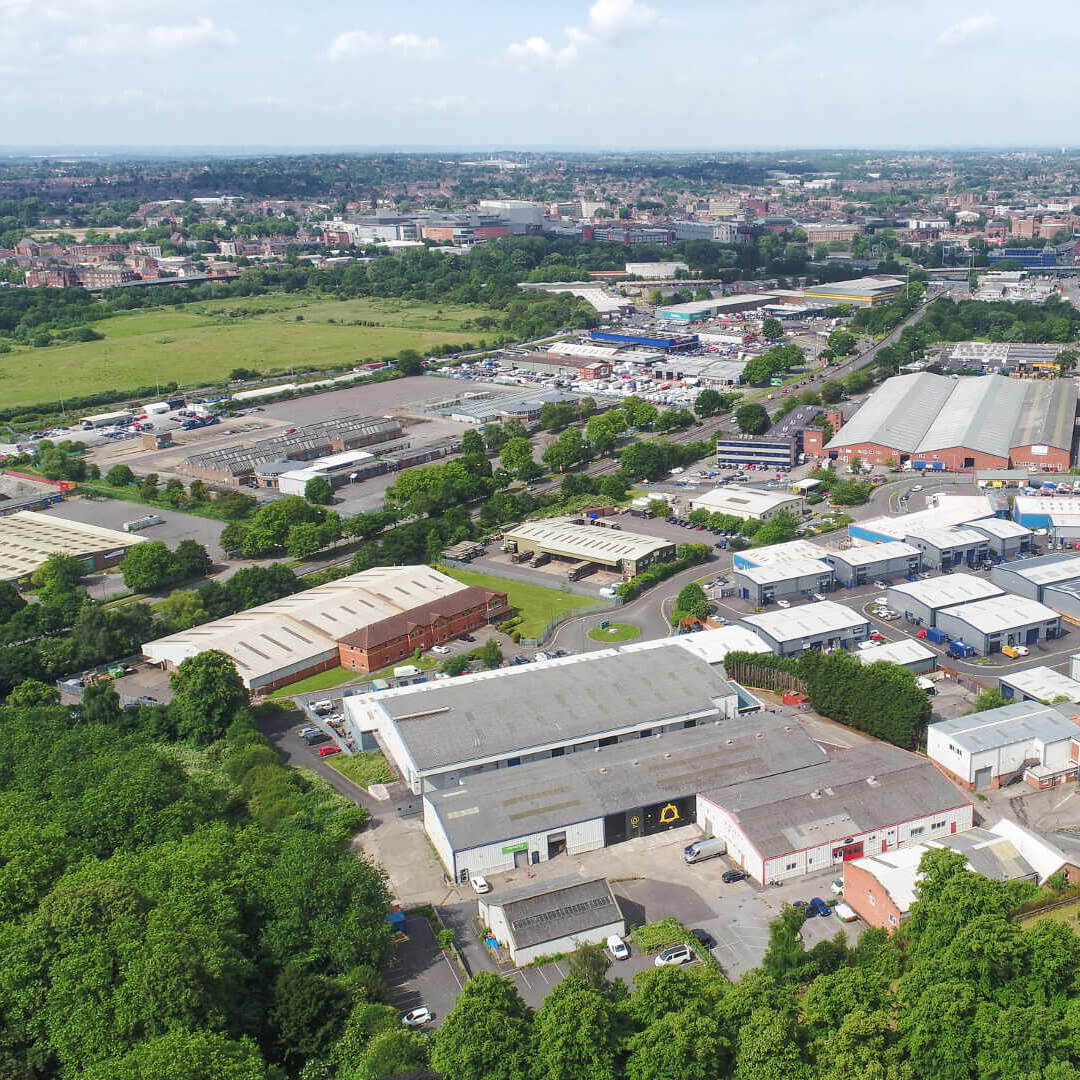 Direct4x4 overhead drone shot of the main offices, showroom and warehouses in Derby