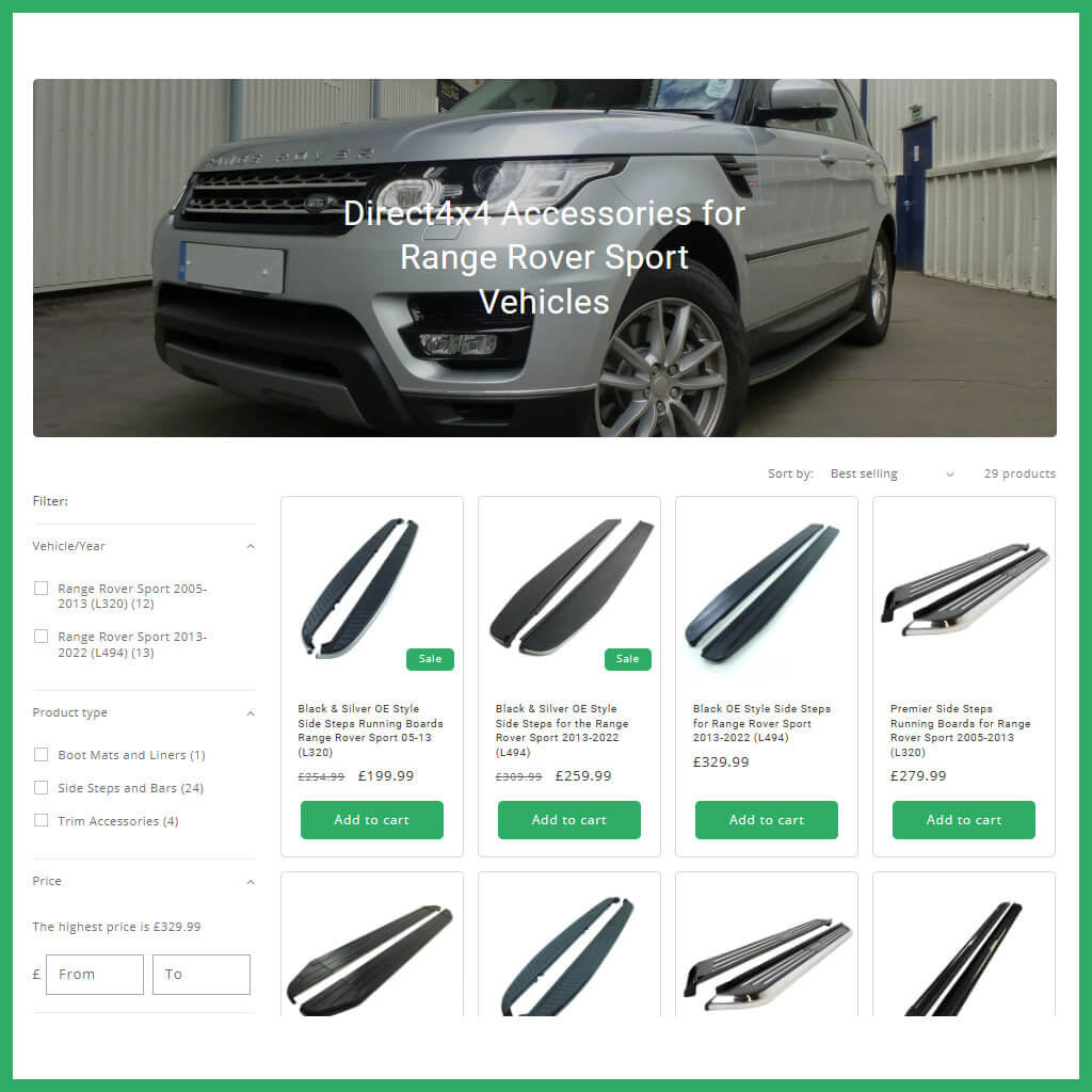 Screenshot of the Range Rover Support collection on direct4x4.co.uk featuring new sorting filters.